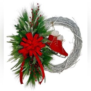 Festive Red and Green Holiday Grapevine Wreath with Ice Skates